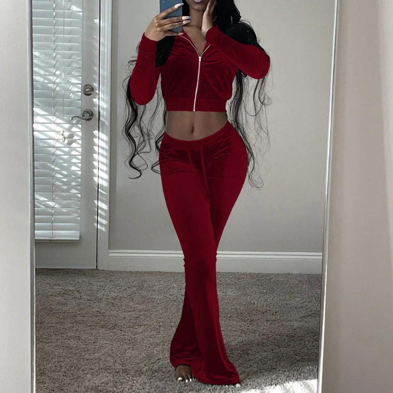 2026 Flocking Tracksuits 2-Piece Set Women Zip Jacket+Drawstring Flare Pants Matching Sporty Stretch Hottie Slim Outfits
2026 Flocking Tracksuits 2-Piece Set Women Zip Jacket+Drawstring Flare Pants Matching Sporty Stretch Hottie Slim Outfits