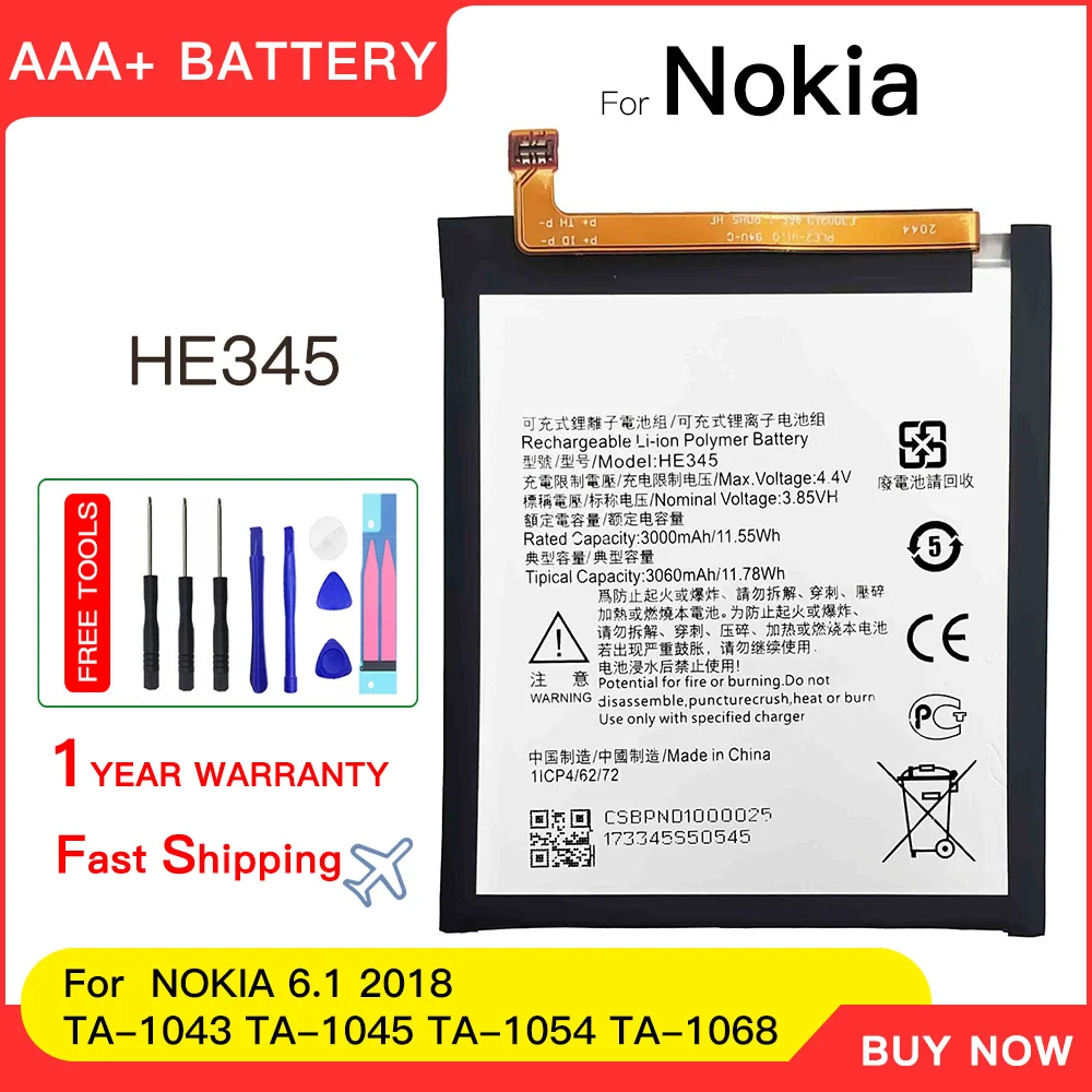 Genuine HE345 3060mAh Battery For Nokia 6 2nd Gen 2018 / Nokia 6.1 TA-1054 TA-1043 TA-1050 TA-1068 Bateria +Free Tools
Genuine HE345 3060mAh Battery For Nokia 6 2nd Gen 2018 / Nokia 6.1 TA-1054 TA-1043 TA-1050 TA-1068 Bateria +Free Tools