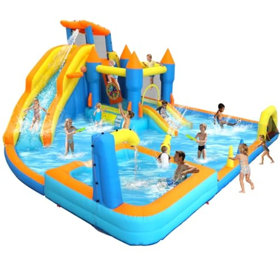 Inflatable Water Slide Park 12-in-1 Water Bounce House with Big Splash Pool Deep Pool Basketball Ring Toss Target Game - 19X17.
Inflatable Water Slide Park 12-in-1 Water Bounce House with Big Splash Pool Deep Pool Basketball Ring Toss Target Game - 19X17.
