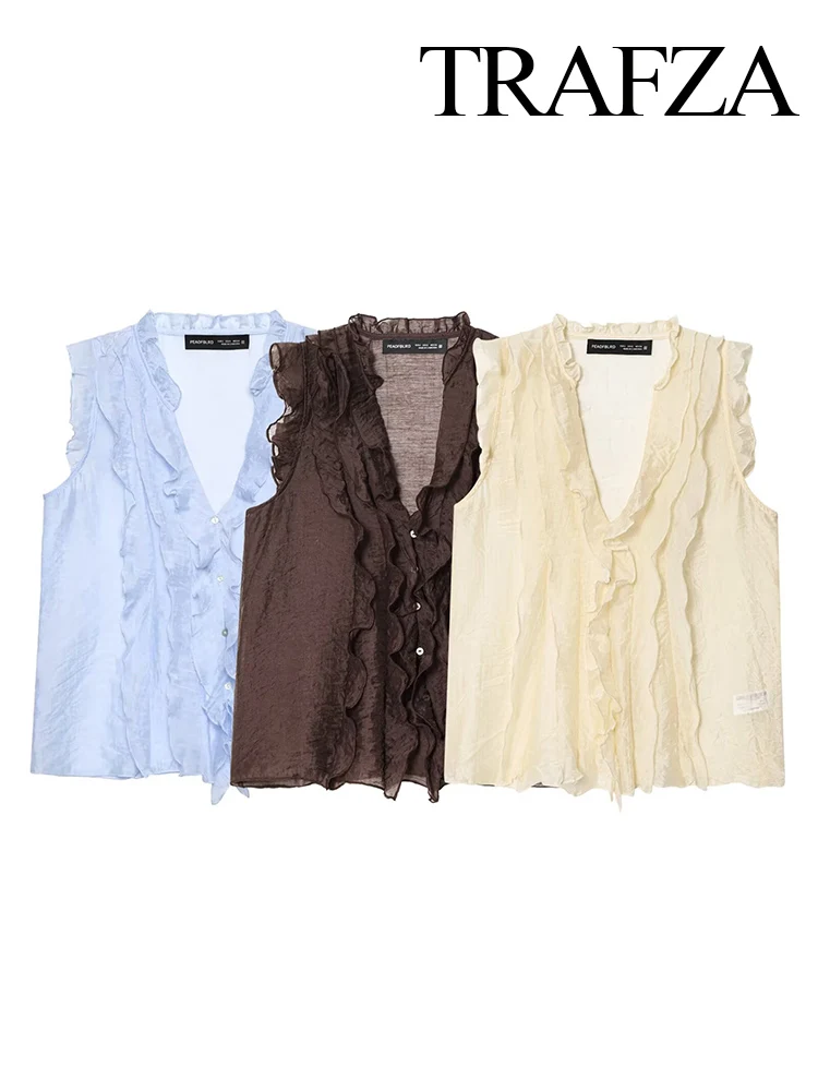 TRAFZA Women 2025 Summer Fashion Solid V-neck Laminated Decorative Sleeveless Top Female Temperament Thin 3-Color Casual Vest
TRAFZA Women 2025 Summer Fashion Solid V-neck Laminated Decorative Sleeveless Top Female Temperament Thin 3-Color Casual Vest