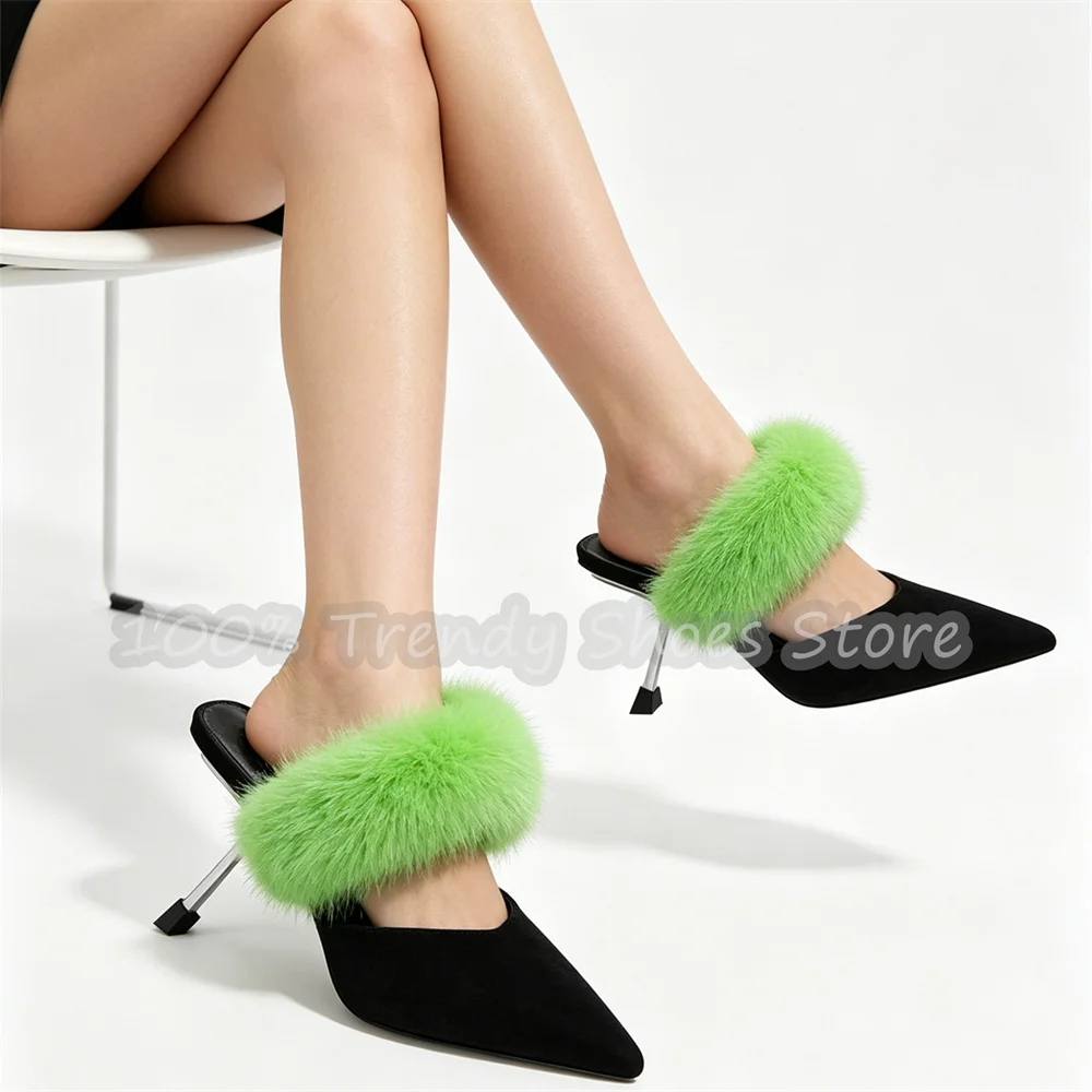 Fashion Furry Strap Metal High Heel Women Mules Black Satin Pointed Toe Stiletto Shallow Slippers Ladies Party Dress Pumps
Fashion Furry Strap Metal High Heel Women Mules Black Satin Pointed Toe Stiletto Shallow Slippers Ladies Party Dress Pumps