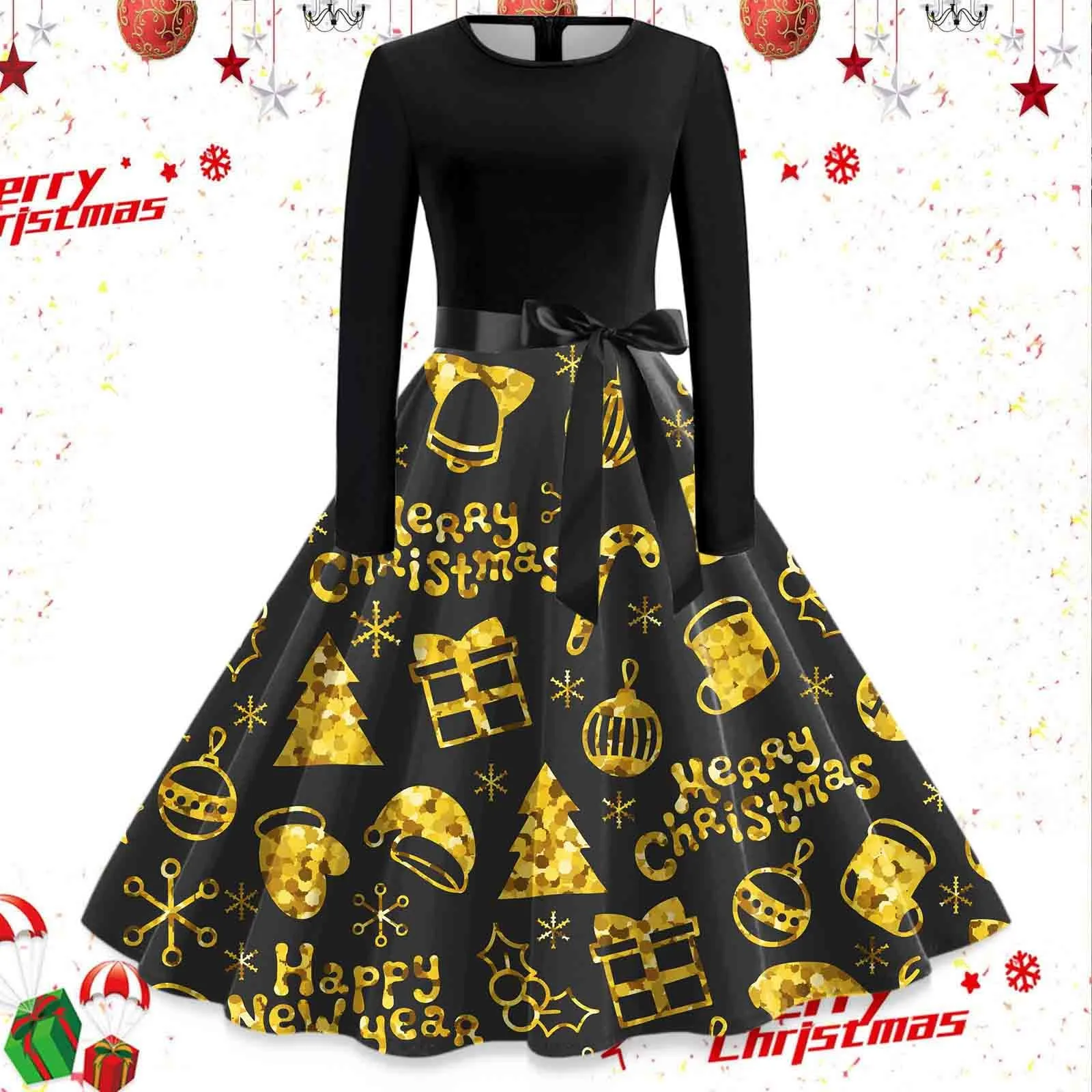 Christmas Housewife Evening Party Prom Party Beach Dresses Women's Vintage Dresses Long Sleeve Round Neck Mid Length Dress
Christmas Housewife Evening Party Prom Party Beach Dresses Women's Vintage Dresses Long Sleeve Round Neck Mid Length Dress