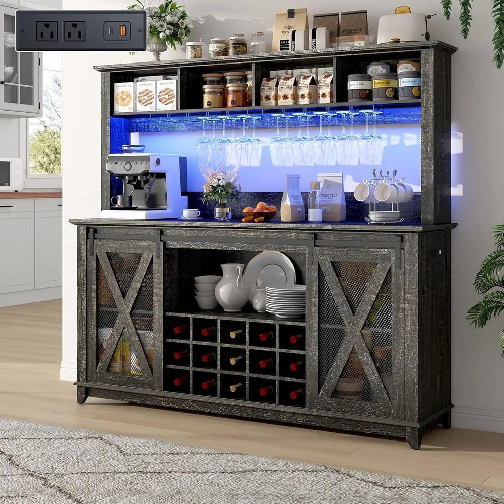 63 Wide 58 High Coffee Bar Cabinet with Power Outlet, LED Light, and 15-Bottle Wine Storage for Kitchen or Dining Area (Oak Fini
63 Wide 58 High Coffee Bar Cabinet with Power Outlet, LED Light, and 15-Bottle Wine Storage for Kitchen or Dining Area (Oak Fini