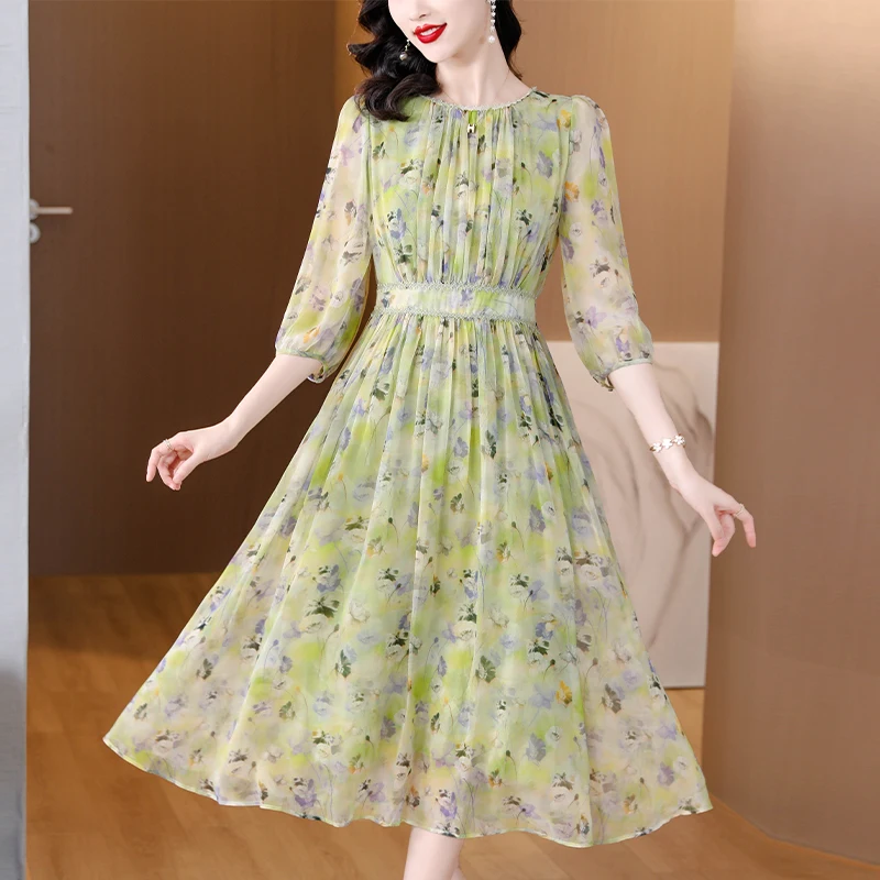 French Elegant Floral Print Dress Women's O-Neck Three Quarter Sleeve Slim Long Dress Summer High Quality Casual Chiffon Dress
French Elegant Floral Print Dress Women's O-Neck Three Quarter Sleeve Slim Long Dress Summer High Quality Casual Chiffon Dress