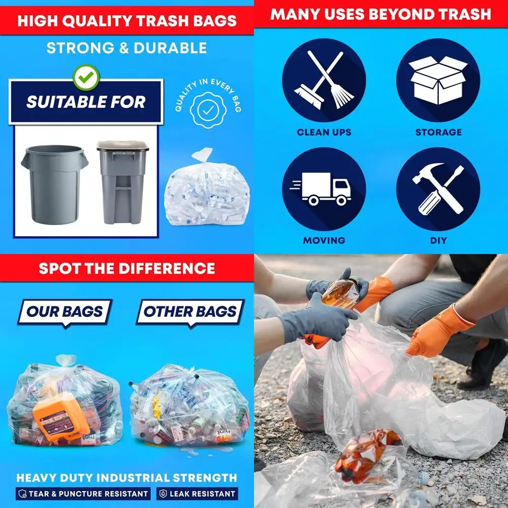 Extra Large Heavy Duty Trash Bags, 150 Pack, 55-60 Gallon Clear Garbage Liners for Recycling, Office, and Storage
Extra Large Heavy Duty Trash Bags, 150 Pack, 55-60 Gallon Clear Garbage Liners for Recycling, Office, and Storage