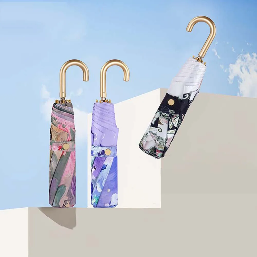 Golden Curved Hook Handle Folding Parasol 8 Ribs Anti UV Sun Rain Women Umbrella Floral Print Portable Umbrella with Storage Bag
Golden Curved Hook Handle Folding Parasol 8 Ribs Anti UV Sun Rain Women Umbrella Floral Print Portable Umbrella with Storage Bag