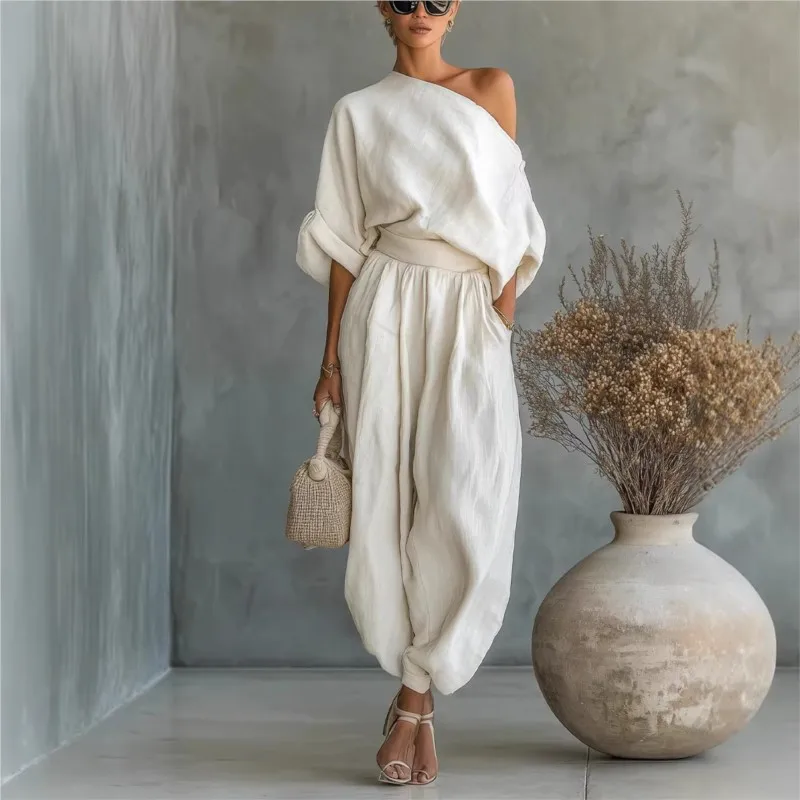 Women's Two-piece Loose Tops Bloomers 2026 Spring Arrival Slanted Shoulders Loose Wide Legs Casual Cotton Linen Solid Color Suit
Women's Two-piece Loose Tops Bloomers 2026 Spring Arrival Slanted Shoulders Loose Wide Legs Casual Cotton Linen Solid Color Suit