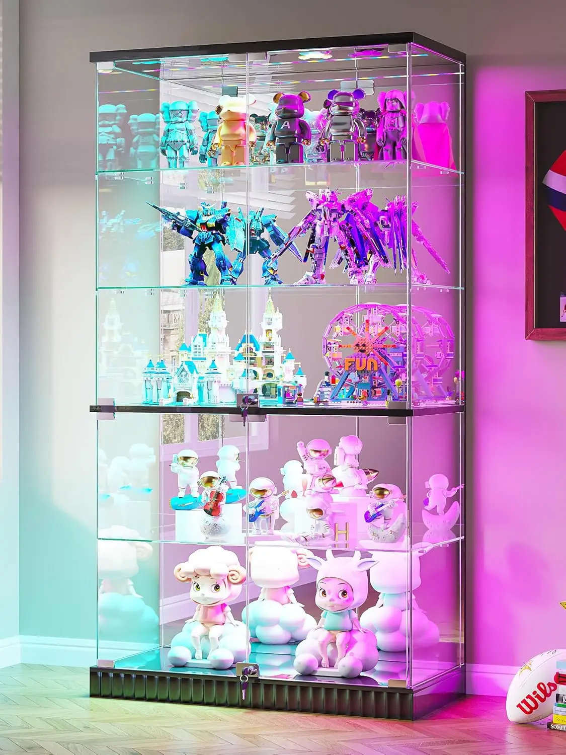 Glass Display Cabinet with Human Body Sensing RGB Lights,5-Tiers Curio Cabinet Display Case with Lock, Frameless Tall, Custom
Glass Display Cabinet with Human Body Sensing RGB Lights,5-Tiers Curio Cabinet Display Case with Lock, Frameless Tall, Custom