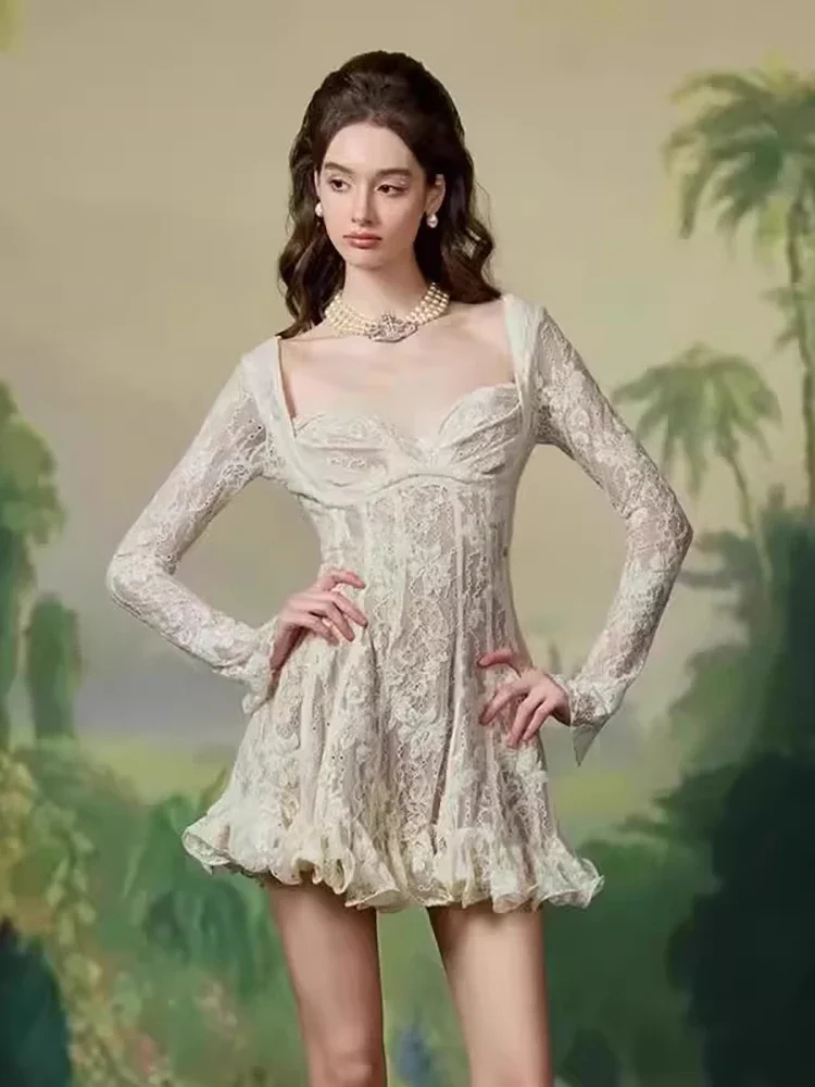 Sexy Square Neck Lace Long Sleeve Mini Dress Women Black White Ruffles Lace-up Slim Dresses Evening Party Cocktail Gowns
Sexy Square Neck Lace Long Sleeve Mini Dress Women Black White Ruffles Lace-up Slim Dresses Evening Party Cocktail Gowns