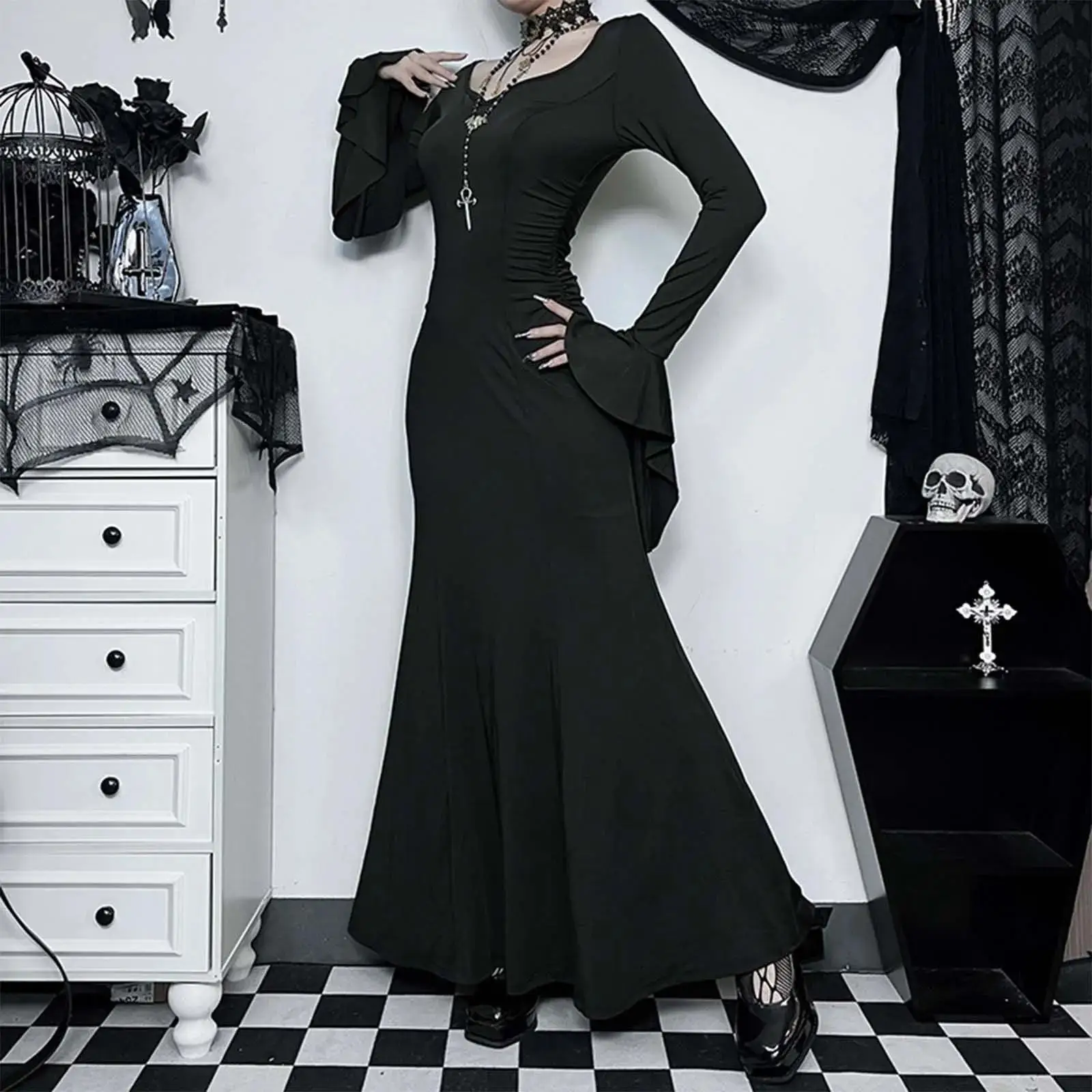 Sexy Tailored Fish Tail Skirt Halloween Costume Women's High Waist Long Sleeve Bat Wing Sleeve V-Neck Three Acetate Fiber Dress
Sexy Tailored Fish Tail Skirt Halloween Costume Women's High Waist Long Sleeve Bat Wing Sleeve V-Neck Three Acetate Fiber Dress