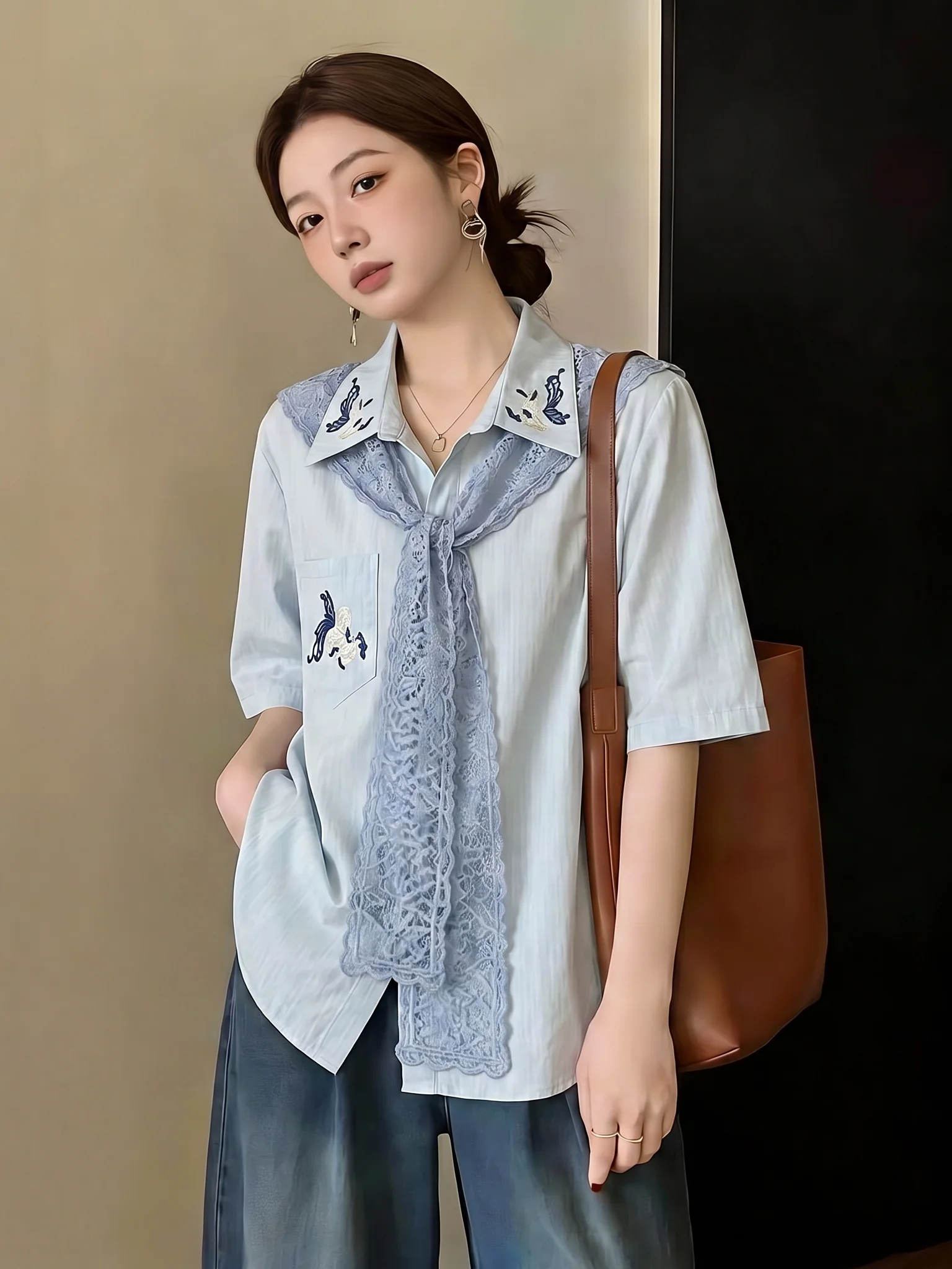 Light Blue Embroidered Sweet And Salty Shoulder Women's Shirt Korean Style Loose Fit Short Sleeve Commute Friendly New Summer
Light Blue Embroidered Sweet And Salty Shoulder Women's Shirt Korean Style Loose Fit Short Sleeve Commute Friendly New Summer