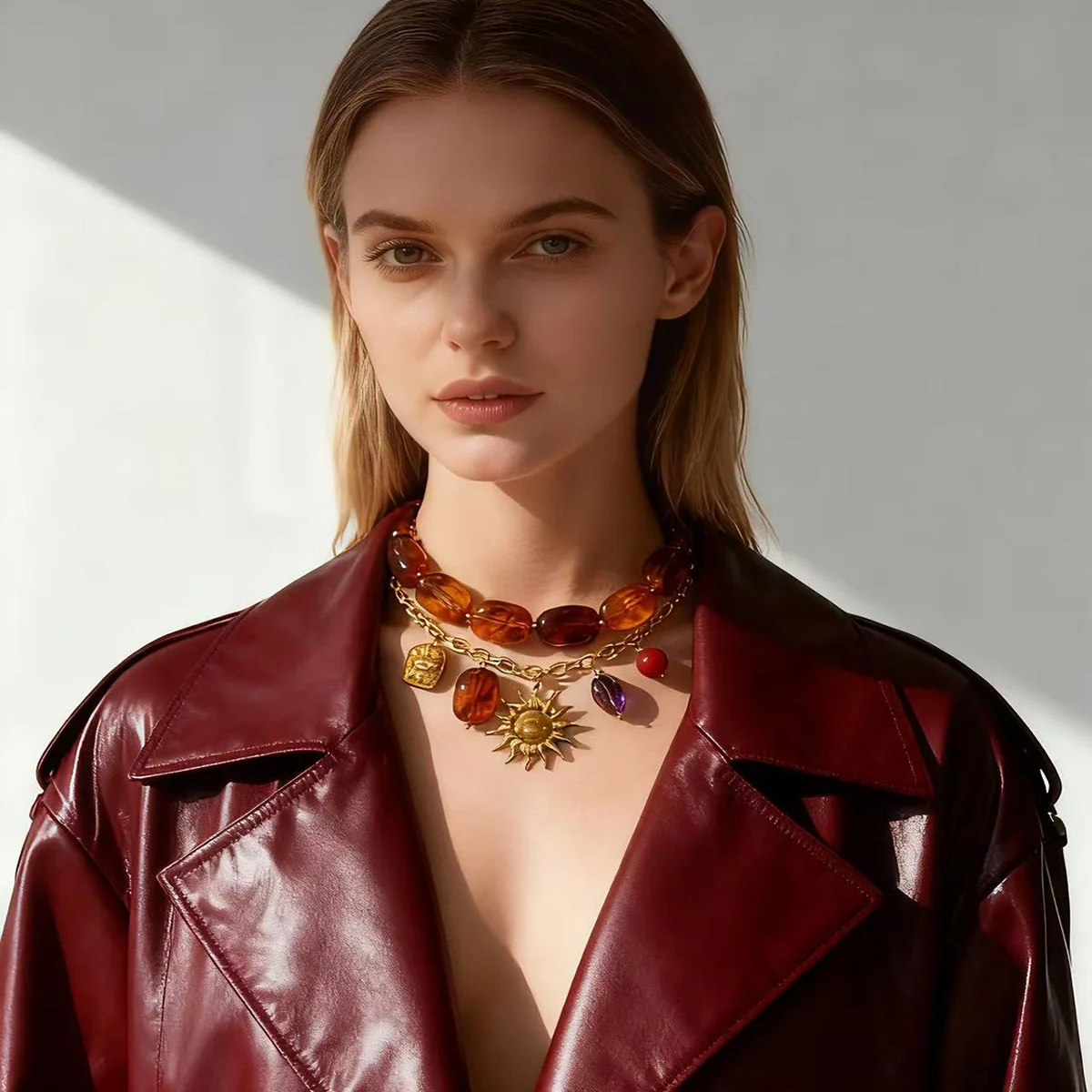 Retro Bold Stainless Steel Sun Pendant Necklace, Light Luxury Acrylic Beaded Clavicle Chain Women Jewelry
Retro Bold Stainless Steel Sun Pendant Necklace, Light Luxury Acrylic Beaded Clavicle Chain Women Jewelry