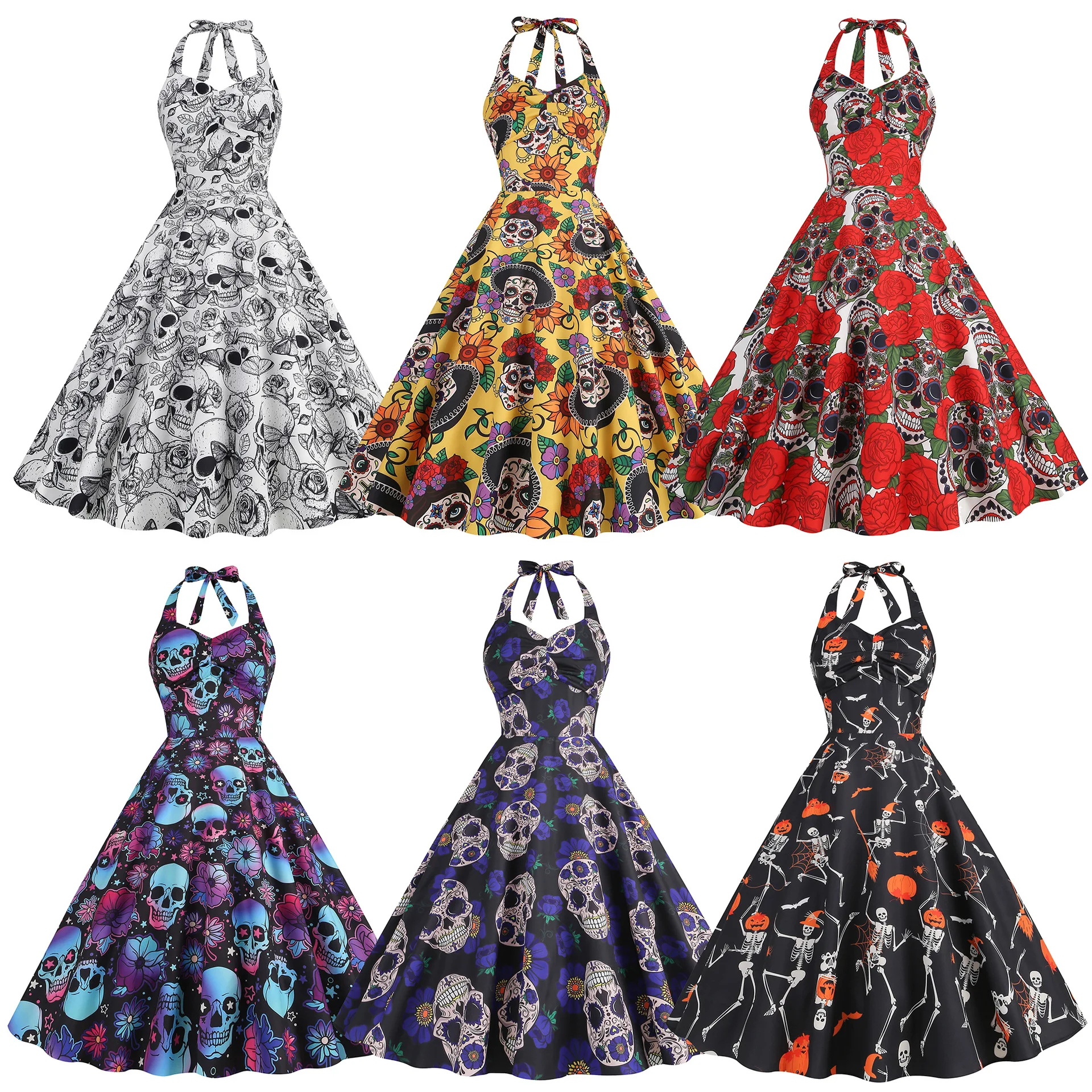 Women Goth Skull Print Backless Halter Halloween Party Dress 50s 60s 70s Vintage Sleeveless Tunic Robe Rockabilly Dresses
Women Goth Skull Print Backless Halter Halloween Party Dress 50s 60s 70s Vintage Sleeveless Tunic Robe Rockabilly Dresses