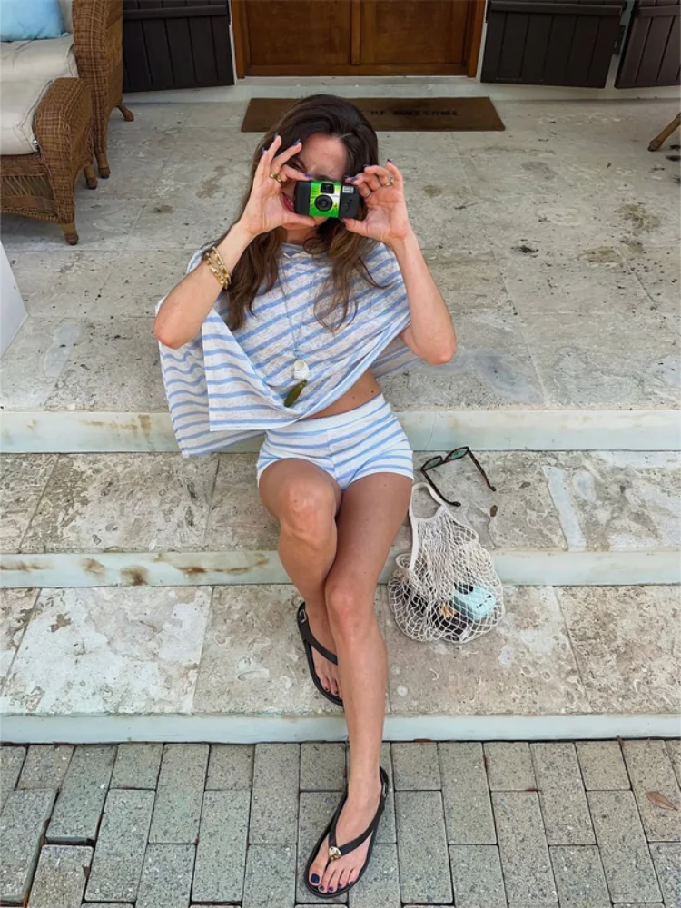 Blue Striped Shawl Shorts Set Boat Neck Sleeveless Cape High Waist Shorts 2 Pieces Set Women's Summer Vacation Trendy Outfits
Blue Striped Shawl Shorts Set Boat Neck Sleeveless Cape High Waist Shorts 2 Pieces Set Women's Summer Vacation Trendy Outfits