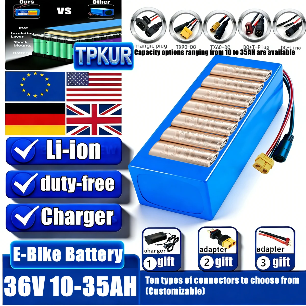 TPKUR 36V 10S6P Lithium Battery Pack | 10-35Ah Full Capacity Coverage, Suitable for 100-1000W Full Power, Built-in BMS
TPKUR 36V 10S6P Lithium Battery Pack | 10-35Ah Full Capacity Coverage, Suitable for 100-1000W Full Power, Built-in BMS