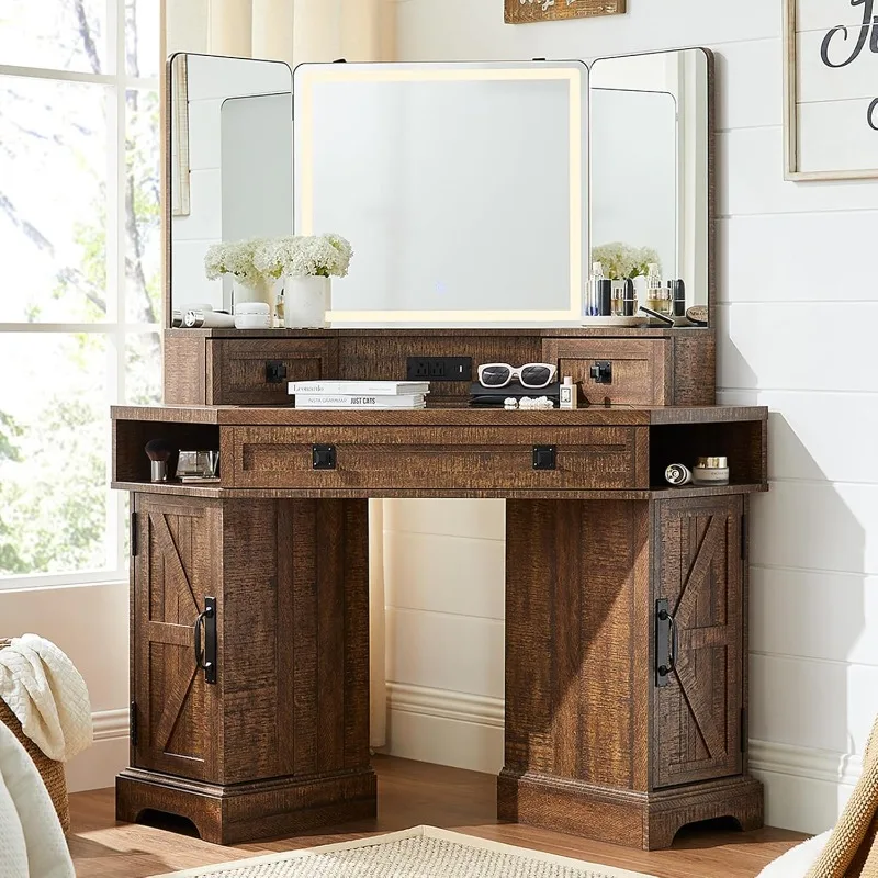 48" Corner Vanity Desk with 3 Way Mirror and Lights, Farmhouse Makeup Vanity with Charging Station & Glass Top
48" Corner Vanity Desk with 3 Way Mirror and Lights, Farmhouse Makeup Vanity with Charging Station & Glass Top