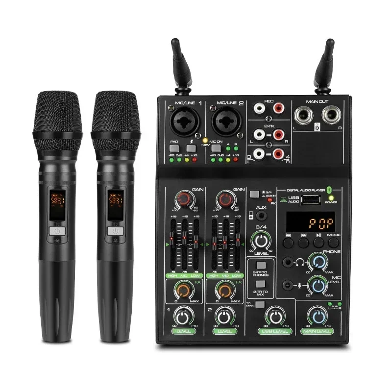 4 Channel USB Audio Mixer with Wireless Microphone Studio Sound Mixers Bluetooth-compatible REC DJ Console Mixing for Karaoke
4 Channel USB Audio Mixer with Wireless Microphone Studio Sound Mixers Bluetooth-compatible REC DJ Console Mixing for Karaoke