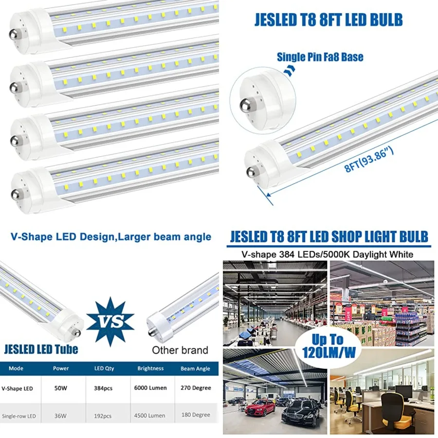 T8 T10 T12 8Feet LED Light Bulbs, Single Pin Fa8 Base, 8 Feet LED Fluorescent Tube Replacement, 50W 6000LM, Super Bright, V Sha
T8 T10 T12 8Feet LED Light Bulbs, Single Pin Fa8 Base, 8 Feet LED Fluorescent Tube Replacement, 50W 6000LM, Super Bright, V Sha