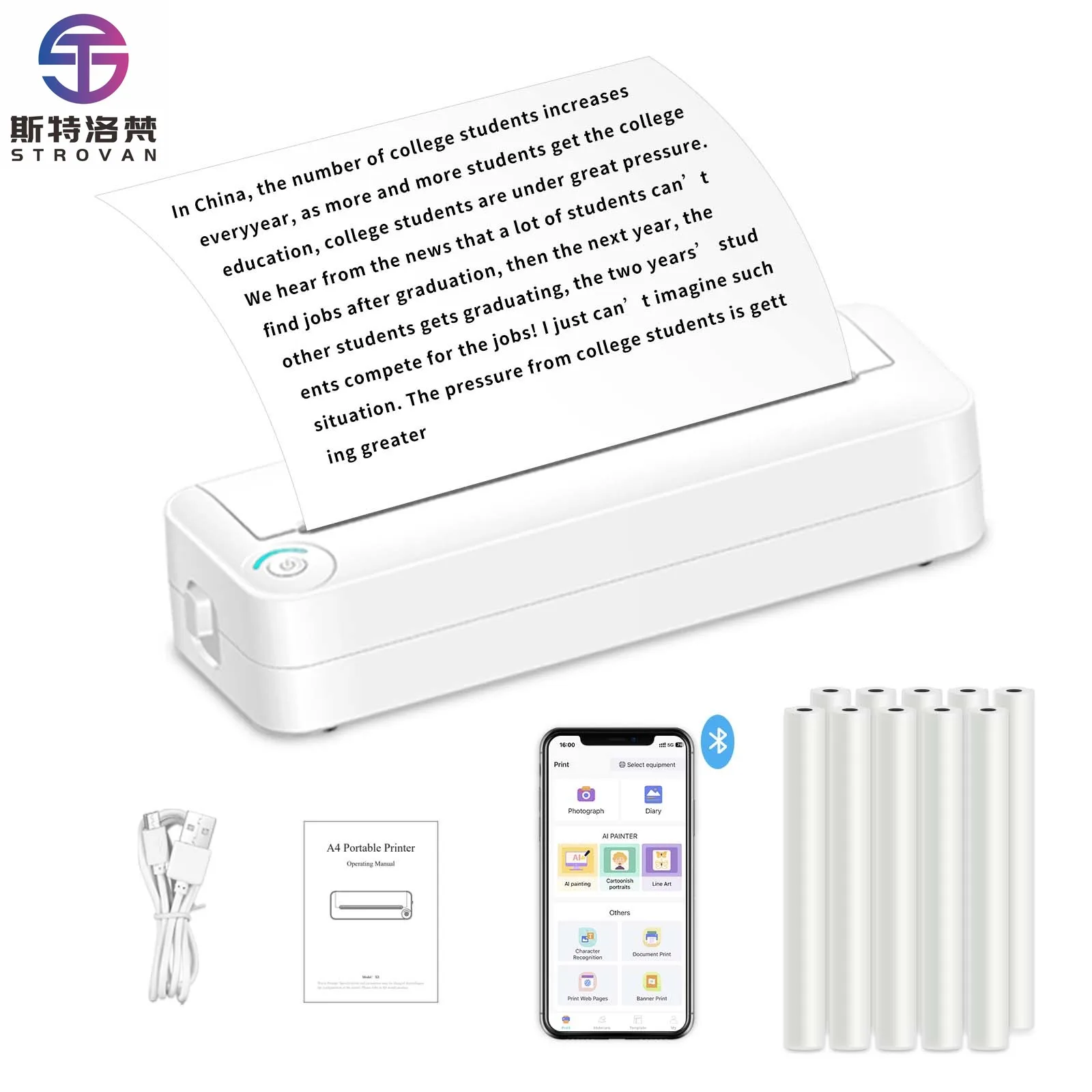 Portable A4 Mini Inkless Thermal Wireless 4.0 Barcode Printer USB Interface for Phone Document Office Use