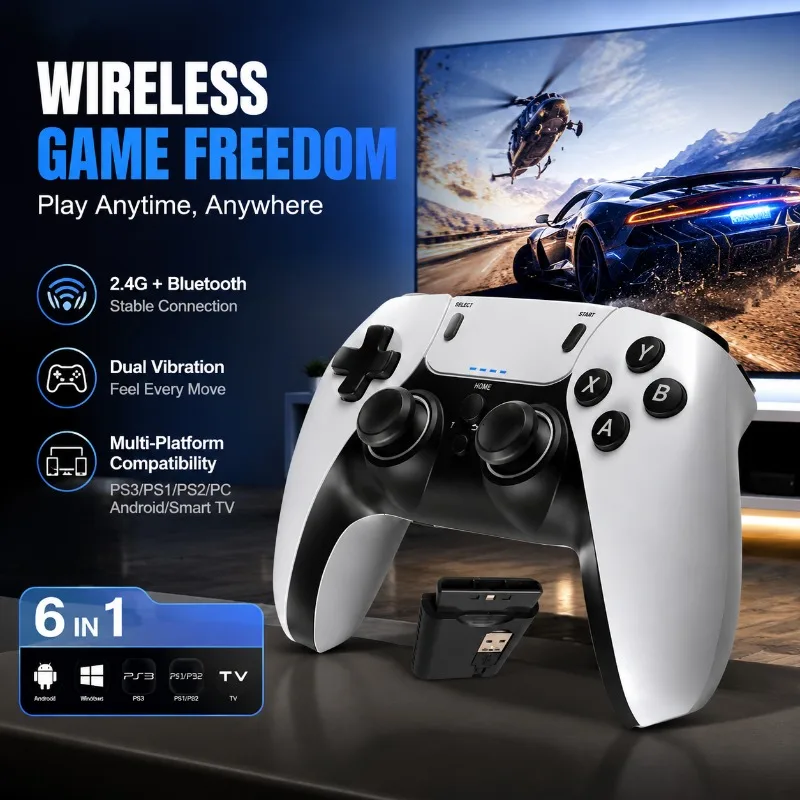 2.4G Wireless Six-in-One Game Controller Compatible with PS1 PS2 PS3 Computer Android Phone TV Set Top Box Sensitive Control
2.4G Wireless Six-in-One Game Controller Compatible with PS1 PS2 PS3 Computer Android Phone TV Set Top Box Sensitive Control
