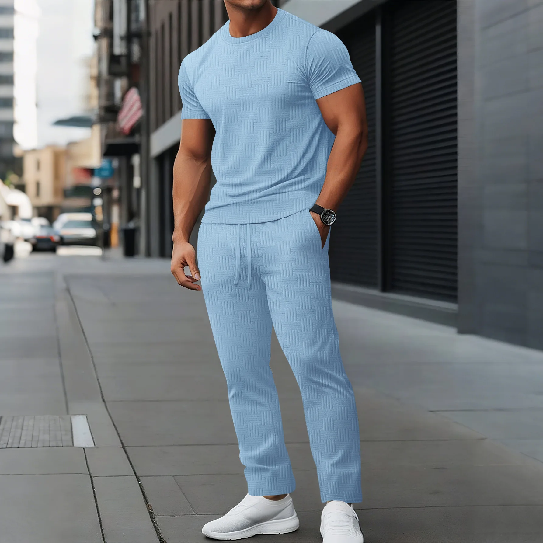 Summer's new sporty and fashionable slim-fitting set for men, a casual round-neck short-sleeved shirt and long pants jacquard se
Summer's new sporty and fashionable slim-fitting set for men, a casual round-neck short-sleeved shirt and long pants jacquard se
