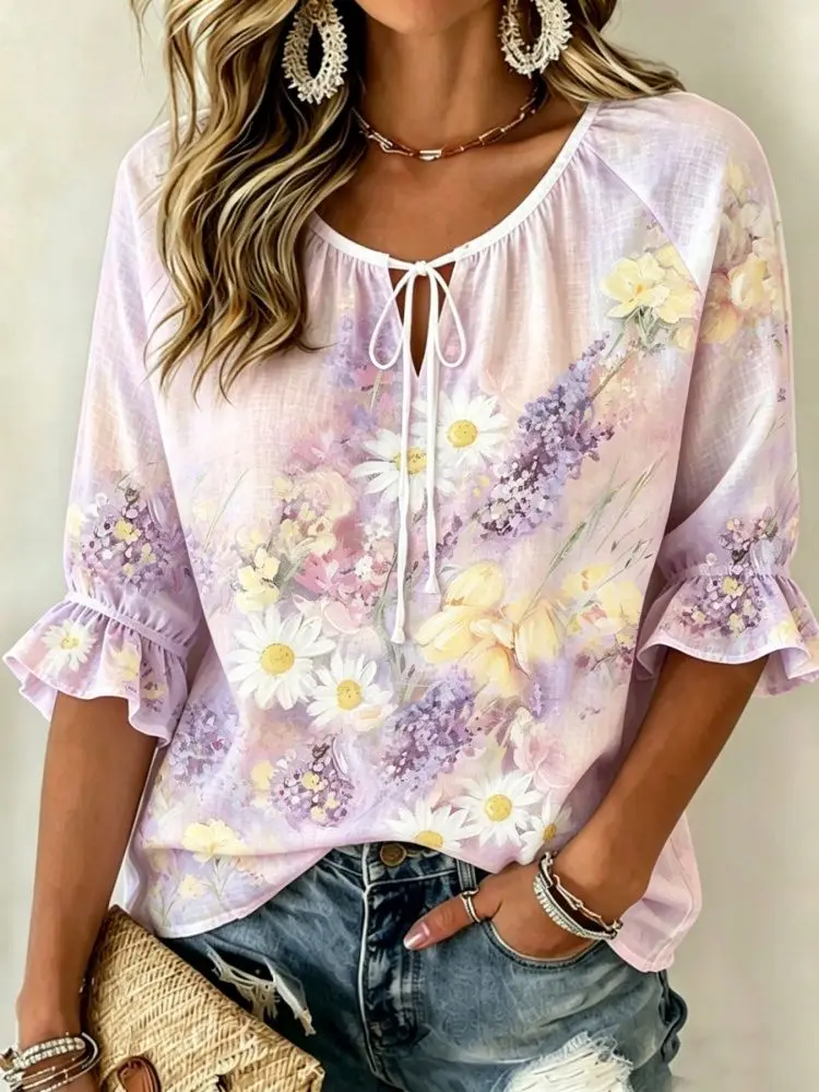Women's Purple Watercolor Floral Print Tie Neck Blouse, Casual Loose Tops for Spring Summer Daily Wear & Vacation Occasions
Women's Purple Watercolor Floral Print Tie Neck Blouse, Casual Loose Tops for Spring Summer Daily Wear & Vacation Occasions