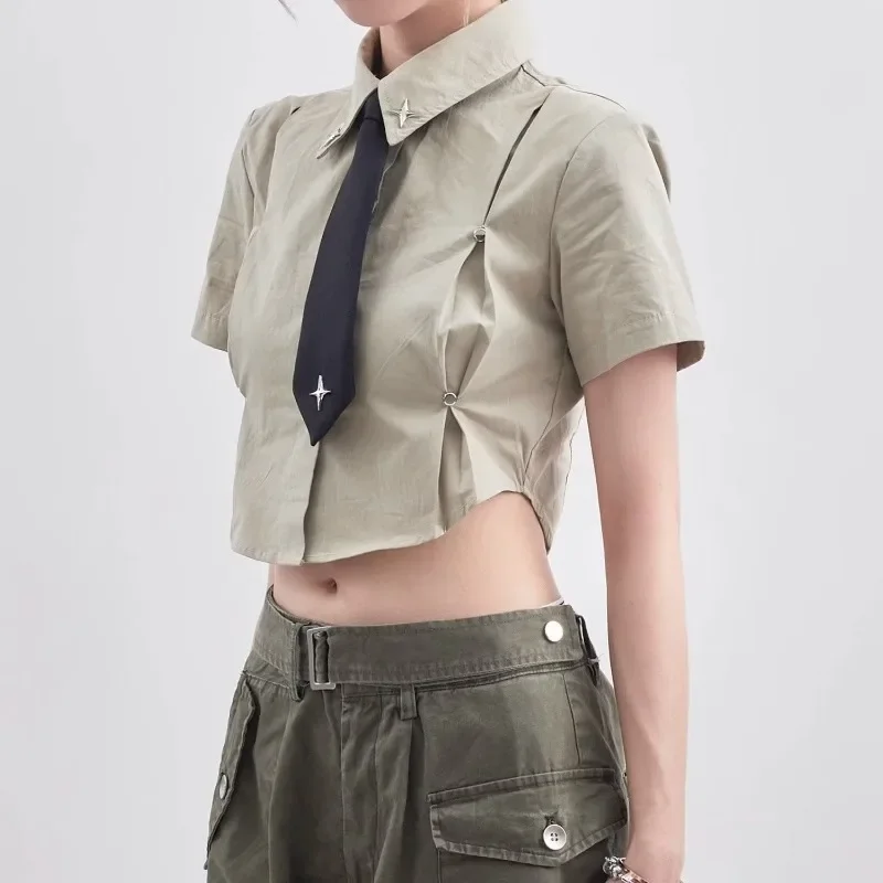 Slim Fit Short Sleeve Folds Solid High Waist Crop Tops Women American Vintage Turn Down Collar Shirts Streetwear Preppy Style
Slim Fit Short Sleeve Folds Solid High Waist Crop Tops Women American Vintage Turn Down Collar Shirts Streetwear Preppy Style
