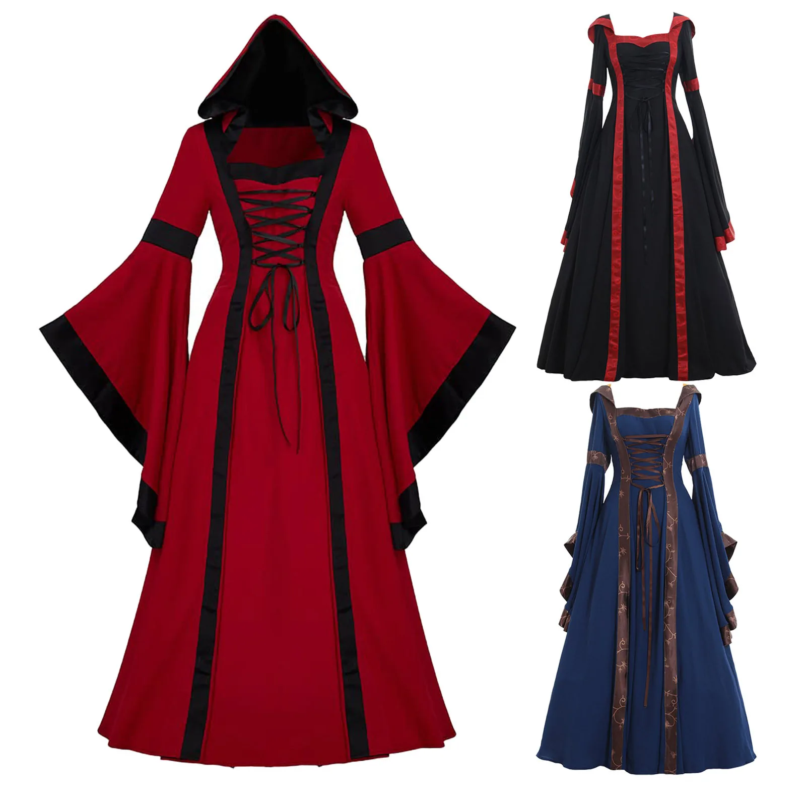 Medieval Halloween Vintage Hooded Square Collar Pure Color Sash Ruffle Sleeve Maxi Dress Women's Traditional Costume Stage Wear
Medieval Halloween Vintage Hooded Square Collar Pure Color Sash Ruffle Sleeve Maxi Dress Women's Traditional Costume Stage Wear