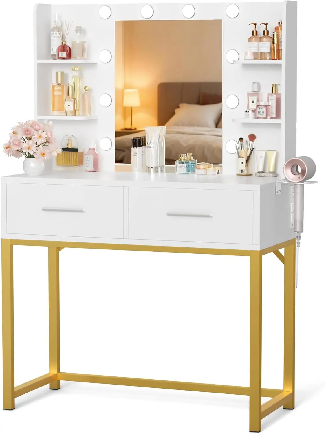 Vanity Desk with Mirror, Makeup Table with 2 Drawers, Power Outlet, Round Holder, 3 Color Lights, White Gold
Vanity Desk with Mirror, Makeup Table with 2 Drawers, Power Outlet, Round Holder, 3 Color Lights, White Gold