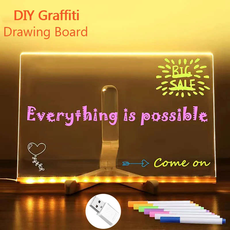DIY Luminous Graffiti Drawing Board Rewritable Note Board Acrylic Message Board Children's Gift Night Light with Colorful 7 Pens
DIY Luminous Graffiti Drawing Board Rewritable Note Board Acrylic Message Board Children's Gift Night Light with Colorful 7 Pens