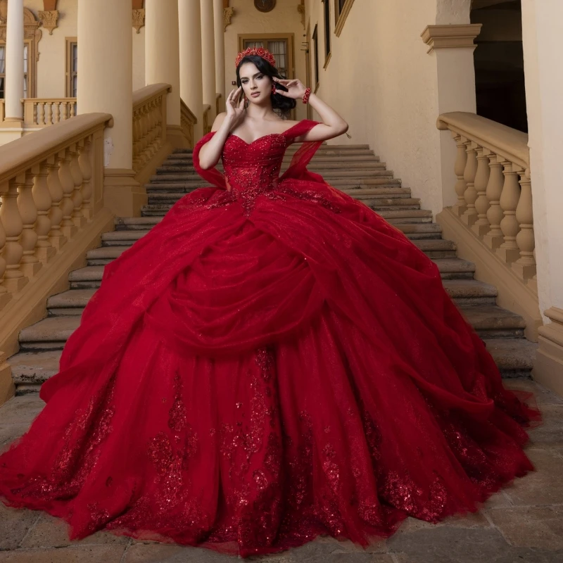 Red Shiny Quinceanera Dresses Off The Shoulder Applique Lace Beading Crystal Bow Tiered Tull Corset Party Birthday Sweet 16
Red Shiny Quinceanera Dresses Off The Shoulder Applique Lace Beading Crystal Bow Tiered Tull Corset Party Birthday Sweet 16