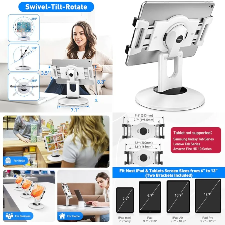 Retail Kiosk iPad Stand, 360° Rotating Commercial POS Tablet Stand, Fits 6"-13" (Screens) iPad mini Pro-Business Swivel Tablet Holder, for Store Office Reception Kitchen Desktop (White)
Retail Kiosk iPad Stand, 360° Rotating Commercial POS Tablet Stand, Fits 6"-13" (Screens) iPad mini Pro-Business Swivel Tablet Holder, for Store Office Reception Kitchen Desktop (White)