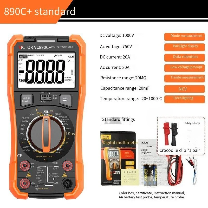 VC890C+ True RMS Auto-Ranging Multimeter - CAT III 1000V Anti-Burn w/ Temp, Continuity, Electrician-Grade
VC890C+ True RMS Auto-Ranging Multimeter - CAT III 1000V Anti-Burn w/ Temp, Continuity, Electrician-Grade
