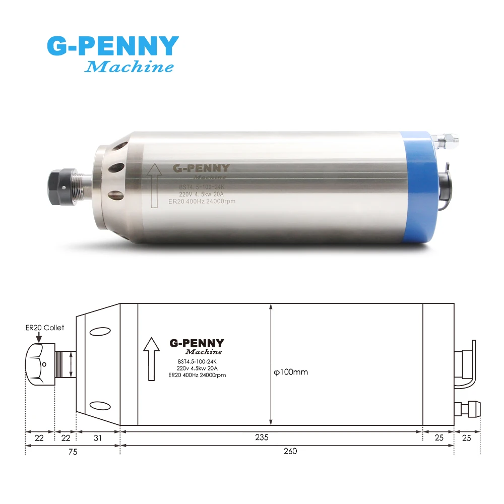 4.5kw ER20 D100 Water Cooled Spindle Bullet Type Inverterbracket Pump Motor Bearing 400Hz Milling 220V/380V 0-24000r/min
4.5kw ER20 D100 Water Cooled Spindle Bullet Type Inverterbracket Pump Motor Bearing 400Hz Milling 220V/380V 0-24000r/min