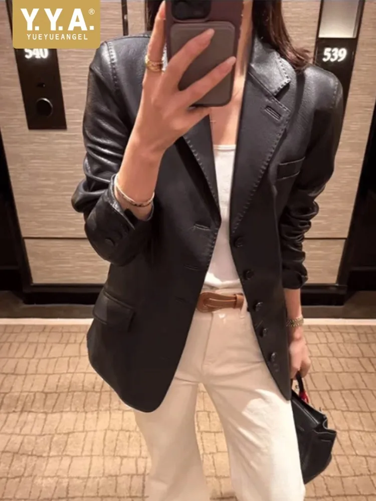 Elegant Ladies Genuine Leather Suit Jacket Slim Fit Lapel Single Breasted Office Women Vintage Design Real Sheepskin Black Coat
Elegant Ladies Genuine Leather Suit Jacket Slim Fit Lapel Single Breasted Office Women Vintage Design Real Sheepskin Black Coat
