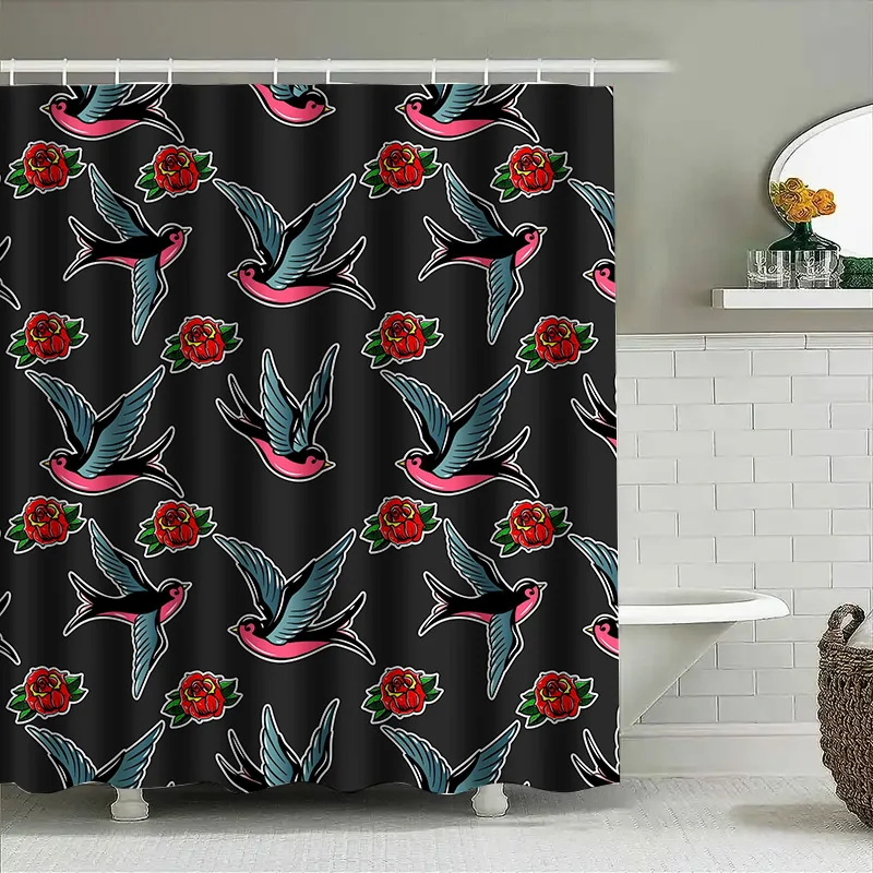 Classic Tattoo Style Shower Curtain Black Background with Swallow Birds Red Roses Pattern Decorative Bathroom Curtain Waterproof
Classic Tattoo Style Shower Curtain Black Background with Swallow Birds Red Roses Pattern Decorative Bathroom Curtain Waterproof