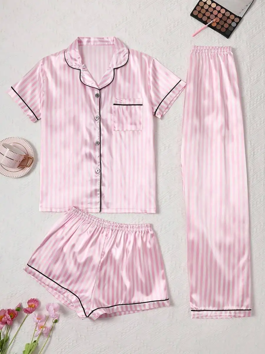 3pcs Satin Women Pajama Set, Short Sleeve Top, Shorts & Pants, Casual Loose Sleepwear For Spring, Summer, Autumn & Winter, Basic Style, Comfortable & Suitable For Home & Outdoor, Pink
3pcs Satin Women Pajama Set, Short Sleeve Top, Shorts & Pants, Casual Loose Sleepwear For Spring, Summer, Autumn & Winter, Basic Style, Comfortable & Suitable For Home & Outdoor, Pink