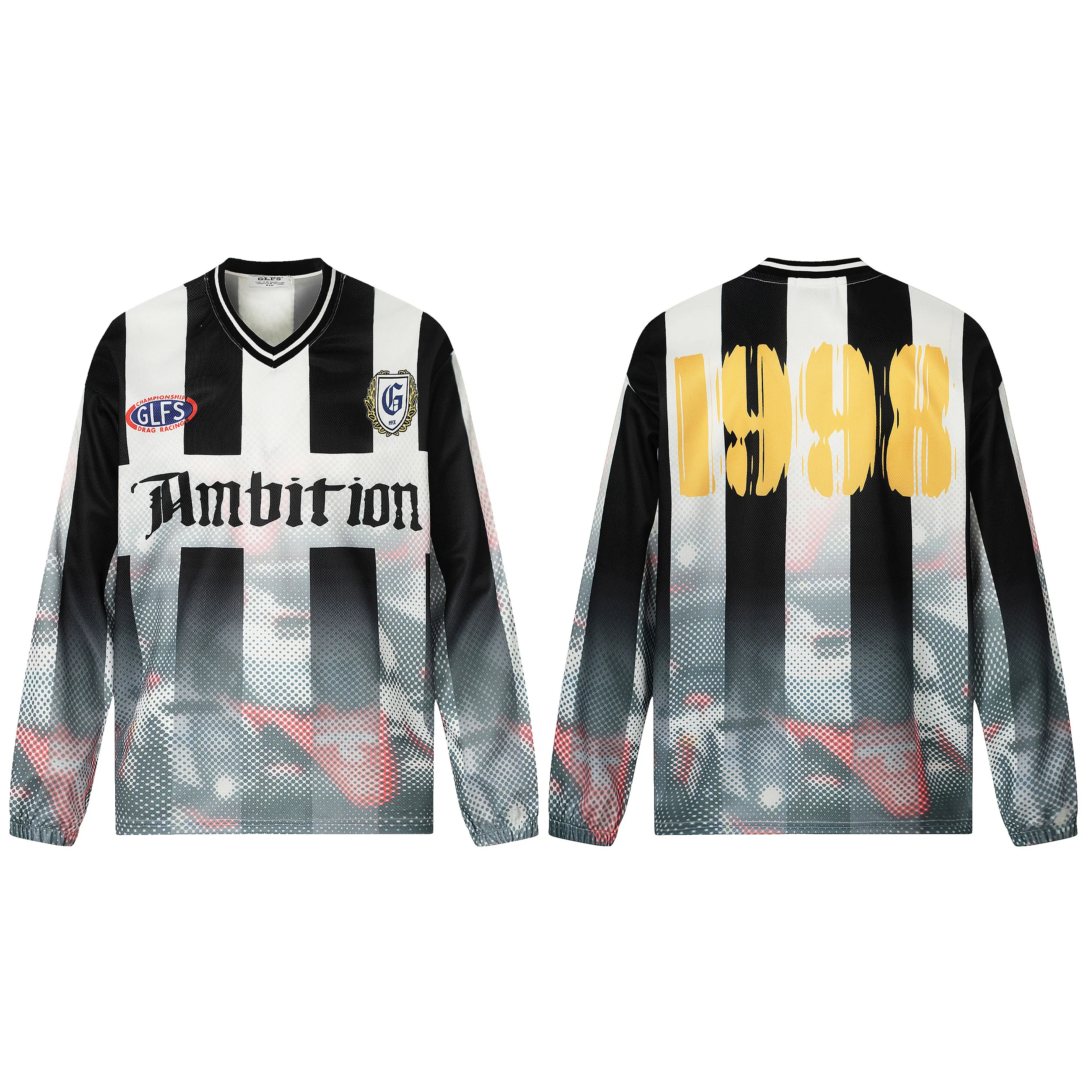 American Trend Cotton circle fabric combined with mesh fabric graffiti printed number jersey style long-sleeved shirt
American Trend Cotton circle fabric combined with mesh fabric graffiti printed number jersey style long-sleeved shirt