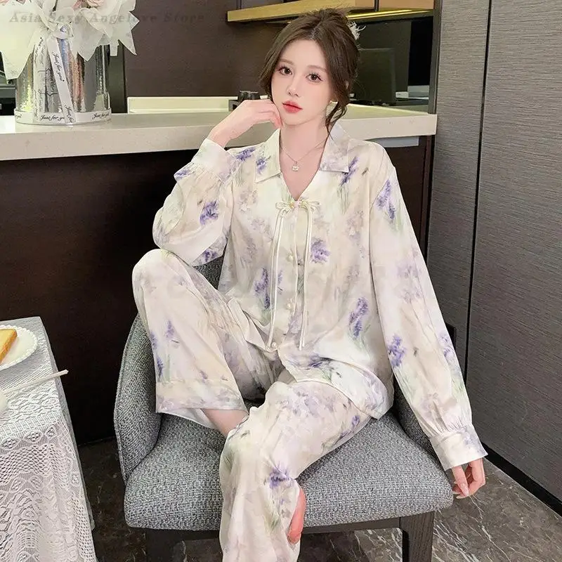 Long Sleeve Home Clothes Soft Satin Pajamas Suit Women's 2PCS Pjs Loungewear Print Chinese Style Sleepwear Lapel Shirt&Pants
Long Sleeve Home Clothes Soft Satin Pajamas Suit Women's 2PCS Pjs Loungewear Print Chinese Style Sleepwear Lapel Shirt&Pants