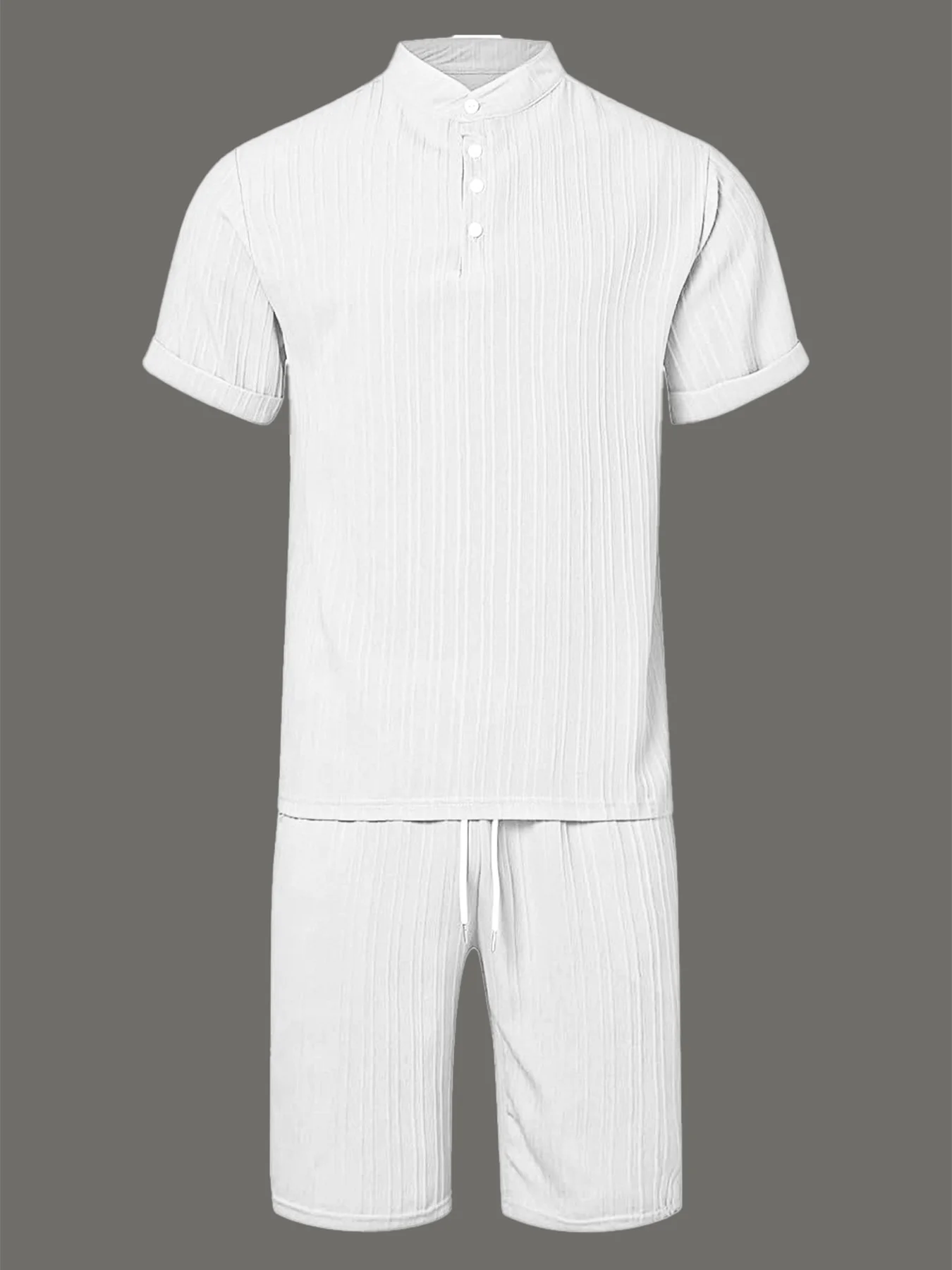 Men's 2 Piece White Vertical Stripe Textured Set, Henley Neck Short Sleeve T-Shirt & Drawstring Shorts Summer Casual Outfit
Men's 2 Piece White Vertical Stripe Textured Set, Henley Neck Short Sleeve T-Shirt & Drawstring Shorts Summer Casual Outfit