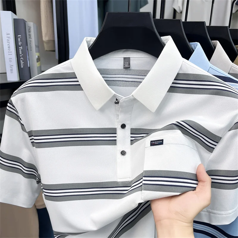 Summer New Men's Short Sleeved Lapel Polo Shirt Striped Thin Casual Thin T-shirt Real Pocket Top
Summer New Men's Short Sleeved Lapel Polo Shirt Striped Thin Casual Thin T-shirt Real Pocket Top