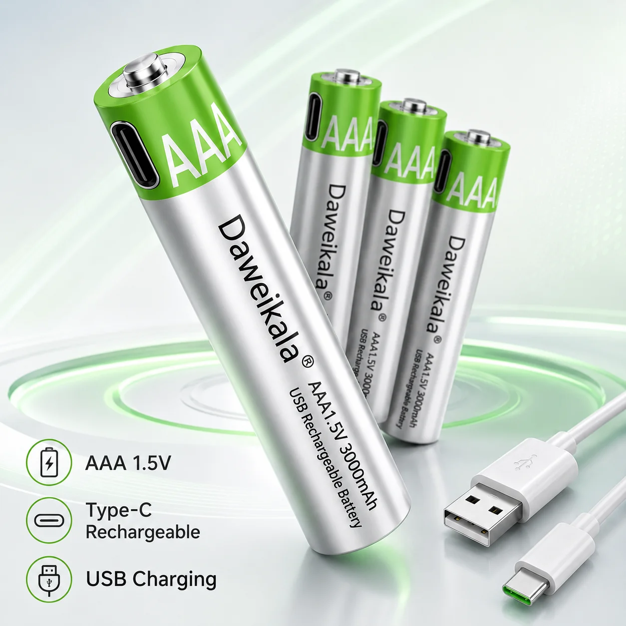 1.5V AAA USB Rechargeable Battery 3000mAh Li-ion Constant Voltage Fast Charge Type-C Cable for Remote Control Mouse Electric Toy
1.5V AAA USB Rechargeable Battery 3000mAh Li-ion Constant Voltage Fast Charge Type-C Cable for Remote Control Mouse Electric Toy