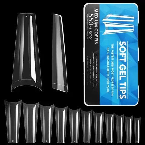 550pcs Coffin Almond Soft Gel Nail Tips False Half Cover Press On Acrylic Nails 11Sizes Fake Nails DIY Manicure Extension Tools