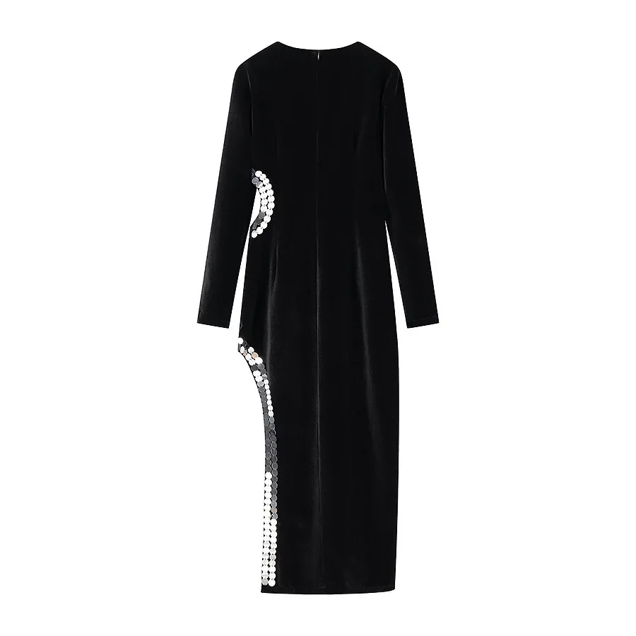 Sexy Hollow out Split Slimming Long Dress Neck Long Sleeve Black Velvet Dress Work Office Lady Sequins Slim Long-sleeved Dress
Sexy Hollow out Split Slimming Long Dress Neck Long Sleeve Black Velvet Dress Work Office Lady Sequins Slim Long-sleeved Dress