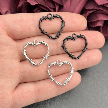 실버 블랙 컬러 가시 하트 참 펜던트 디자이너 참, DIY 쥬얼리 제작, 23*24mm, 10 개