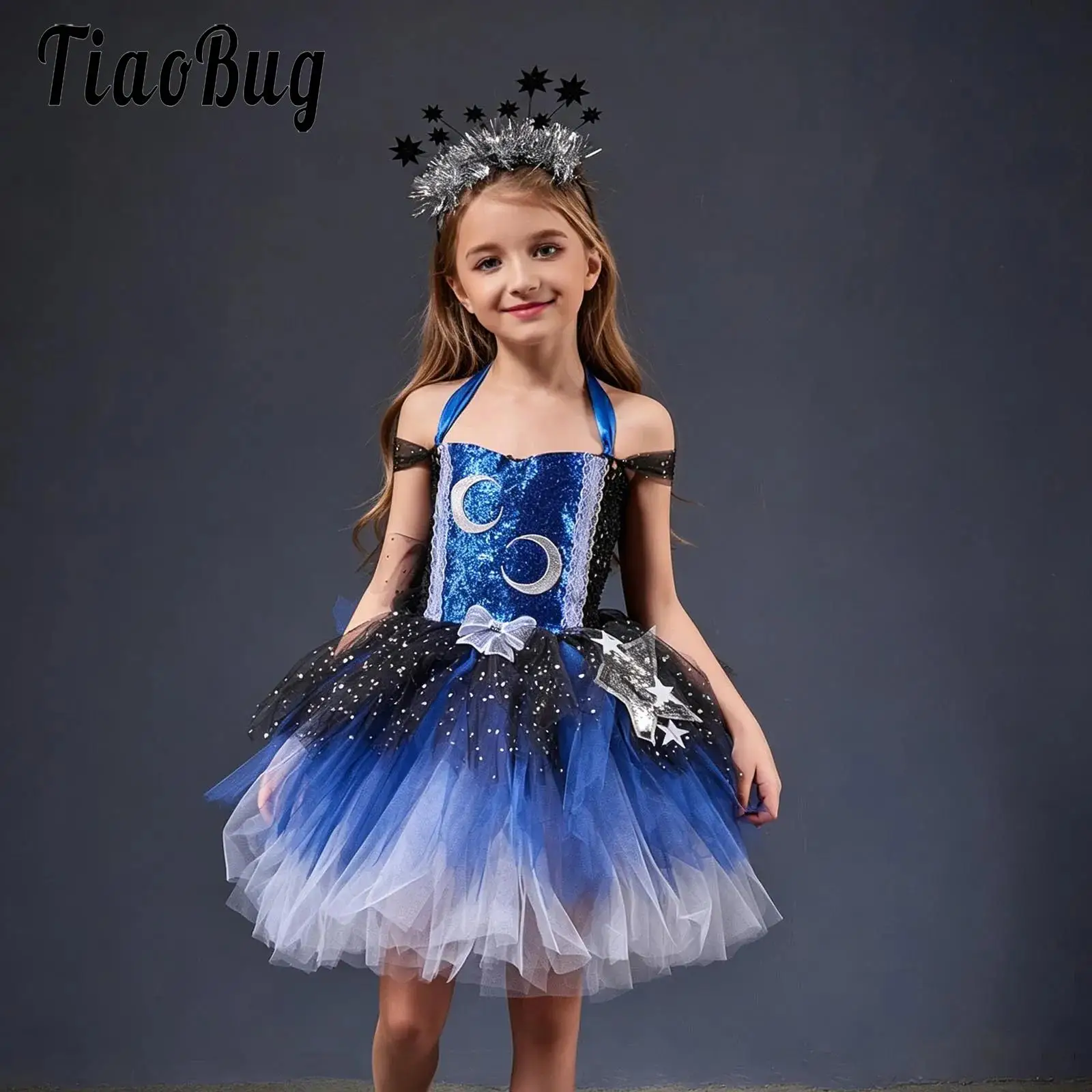 Kids Girls Galaxy Themed Tutu Dress Sequin Bodice with Star Moon and Bow Halter Tulle Dress with Headwear for Halloween Party
Kids Girls Galaxy Themed Tutu Dress Sequin Bodice with Star Moon and Bow Halter Tulle Dress with Headwear for Halloween Party