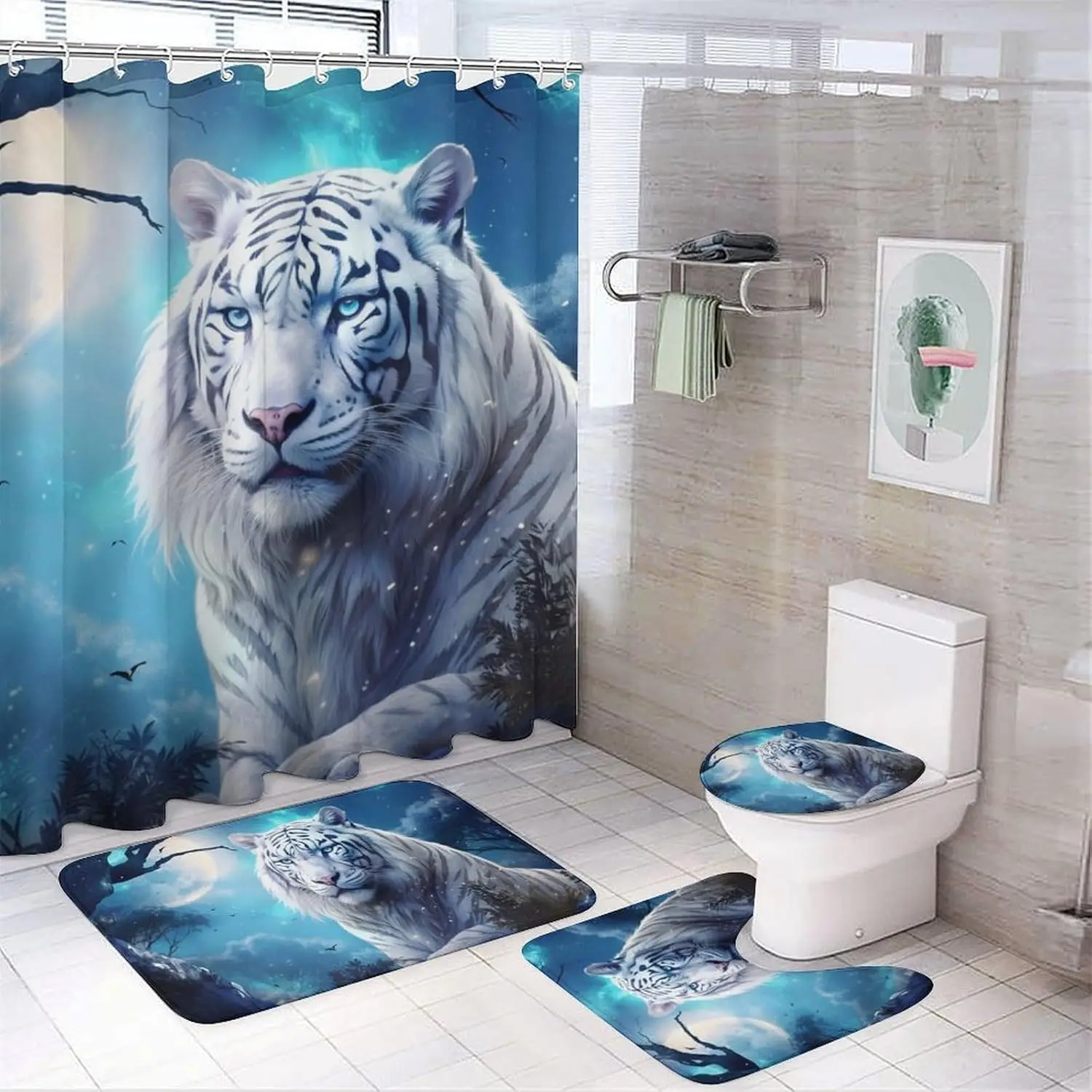 Moon White Tiger Shower Curtain Sets with Rugs Toilet Lid Cover and Bath Mat Fantasy Wild Animals Forest Shower Curtains with 12
Moon White Tiger Shower Curtain Sets with Rugs Toilet Lid Cover and Bath Mat Fantasy Wild Animals Forest Shower Curtains with 12