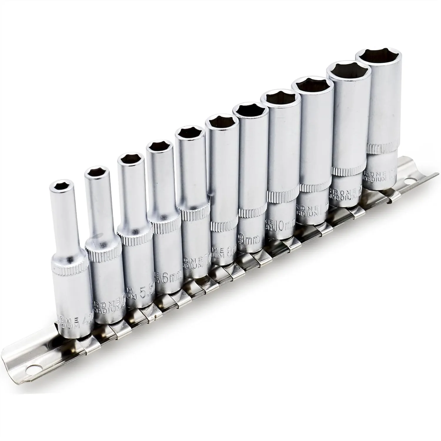 11 Piece 1/4-Inch Drive Metric Deep Socket Set 4-13mm with Slidable Storage Rail
11 Piece 1/4-Inch Drive Metric Deep Socket Set 4-13mm with Slidable Storage Rail