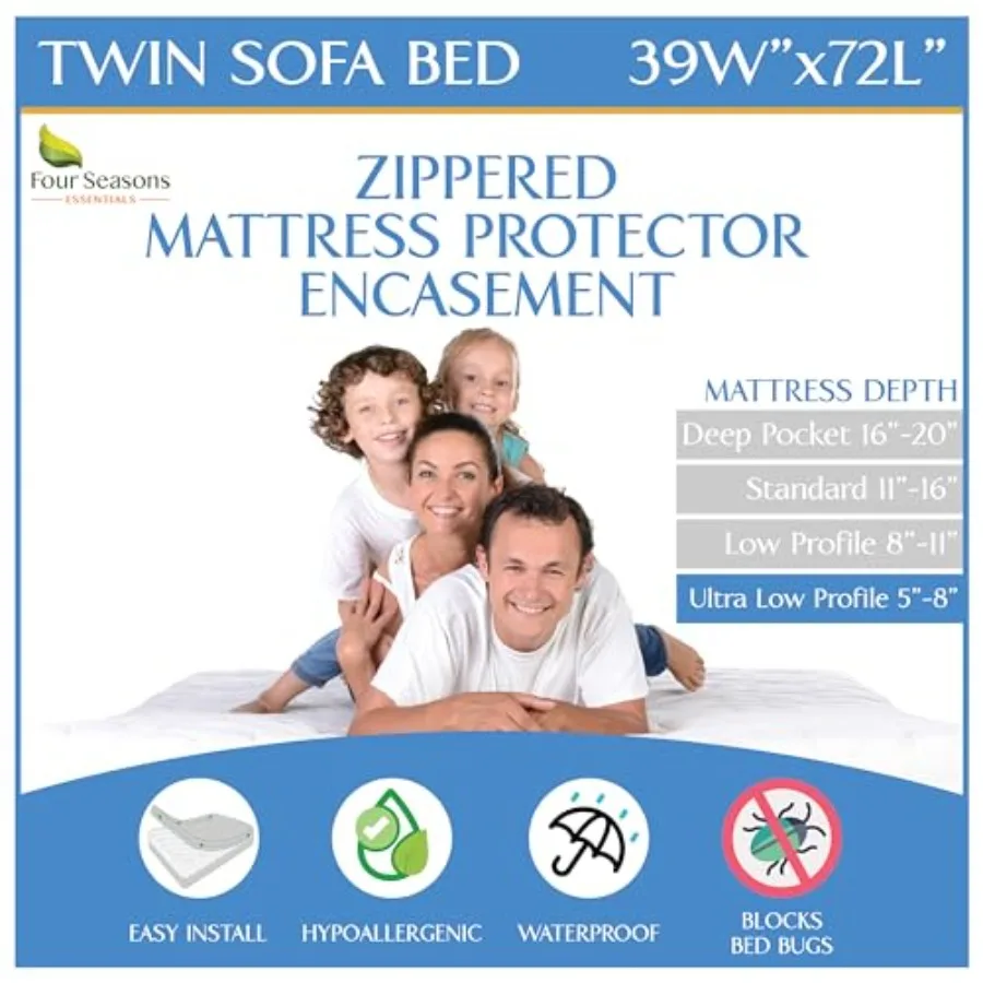 Sleeper Size Mattress Protector 39" Wx72 Lx5 D - Waterproof Zippered Encasement Premium Quality Bed Cover Protects Against Dust
Sleeper Size Mattress Protector 39" Wx72 Lx5 D - Waterproof Zippered Encasement Premium Quality Bed Cover Protects Against Dust