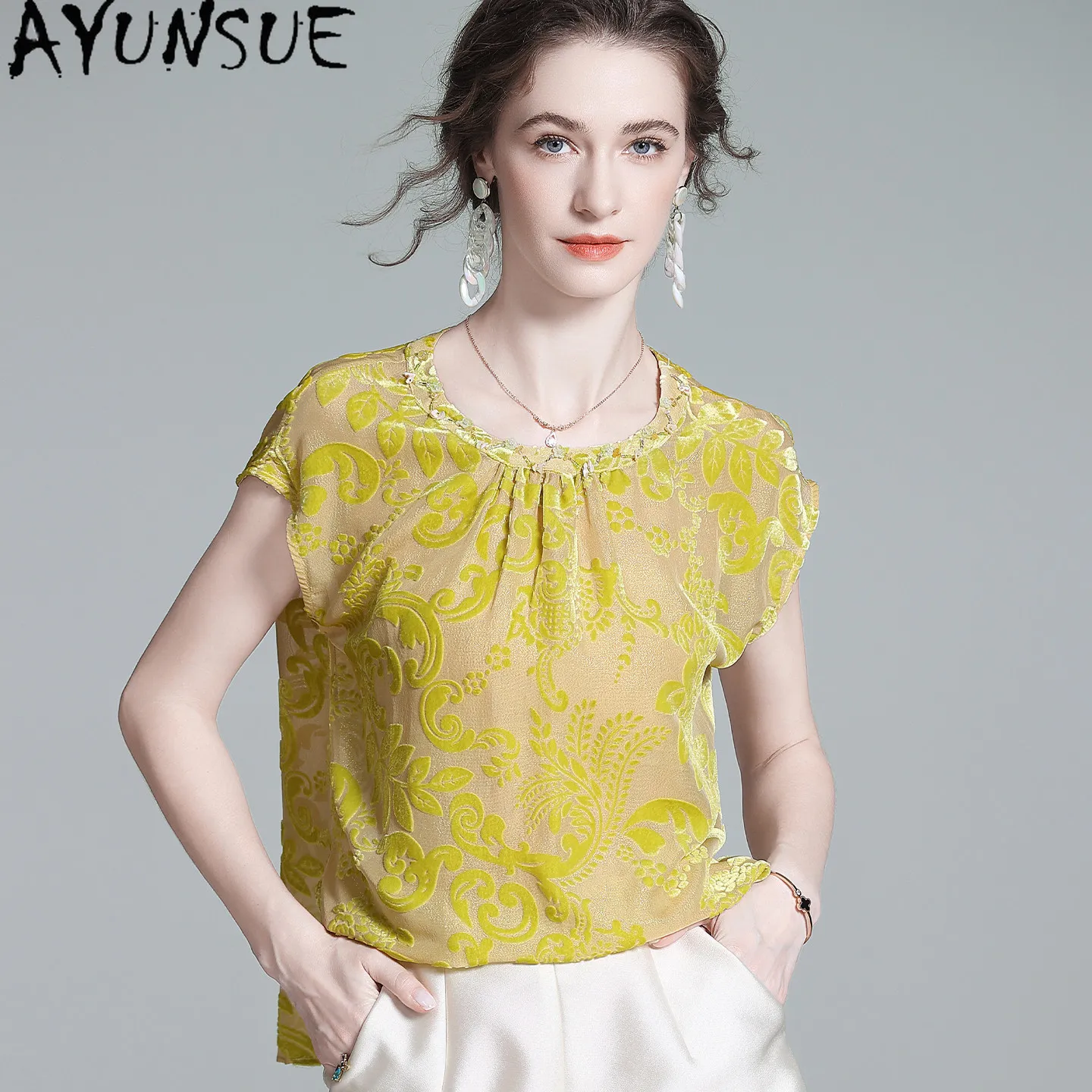 AYUNSUE 47% Mulberry Silk T-Shirt Elegant T-shirts for Women Summer Clothes Short Sleeve Womens Tops Silk Velvet Топ Женский
AYUNSUE 47% Mulberry Silk T-Shirt Elegant T-shirts for Women Summer Clothes Short Sleeve Womens Tops Silk Velvet Топ Женский